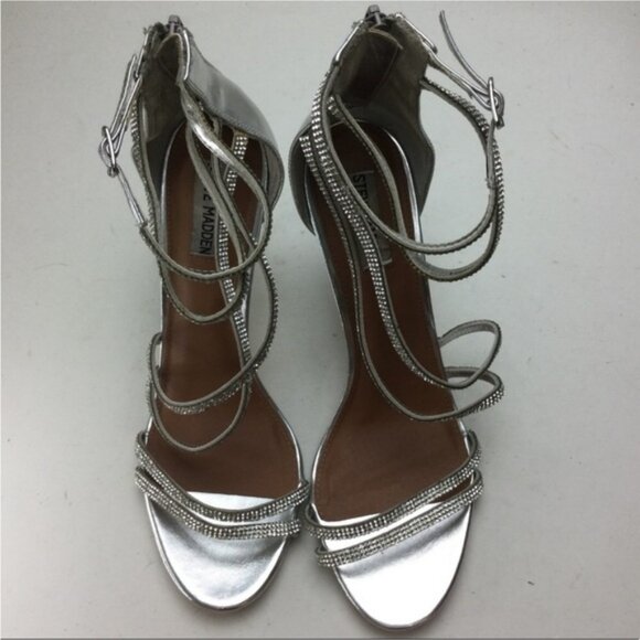 Steve Madden Fiffi Silver Metallic Rhinestone Faux Leather Strappy Heels Size 10 - Picture 2 of 13